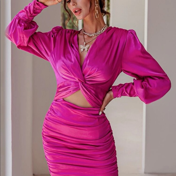fuchsia twist Front Ruched Satin Dress - Picture 3 of 5
